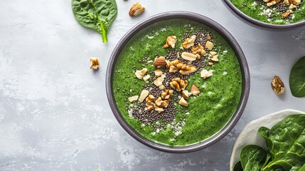 Green Smoothie Bowl Topped with Nuts and Seeds