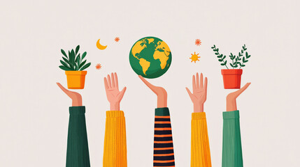 Diverse hands uplift plants and the Earth, showcasing unity in environmental care and appreciation for nature's beauty.