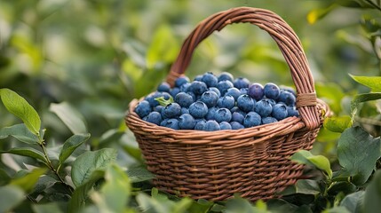 Wall Mural - Wicker Basket Filled with Fresh Blueberries in a Lush Green Setting