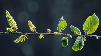 07231249 339. Fresh and bright twig of Ostrya carpinifolia, highlighting dark green leaves and blossoming female catkin in spring, perfect for seasonal and botanical designs