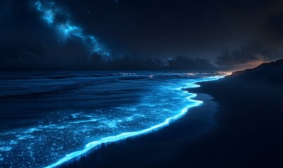 Bioluminescent Waves Crashing on a Sandy Beach Under a Starry Sky