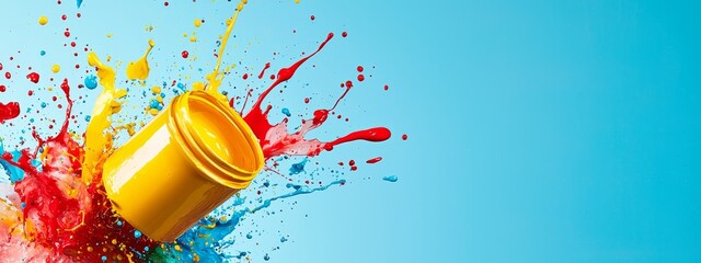 Wall Mural -  A yellow cup, splattered with red, yellow, and blue paint on its sides, against a backdrop of a blue sky