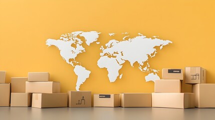 Leinwandbilder - Shipping Boxes with World Map Representing Global Supply Chain in Paper Cut Style