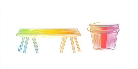 Line art illustration of a rainbow gradient depicting an old fashioned laundry washboard alongside a bucket