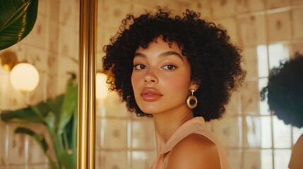 Sticker - Woman with Curly Hair Looking at the Camera in a Bathroom