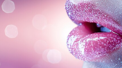 Wall Mural -   A close-up of a person's lips with water droplets, set against a pink and white background