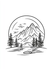 Line art illustration of a mountain landscape in a minimalist style suitable for badges emblems patches t shirts and various graphic design applications