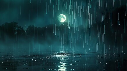 Wall Mural - serene of a lake under a full moon with rain falling. the forest silhouetted behind the lake creates