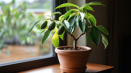 Wall Mural - Avocado Tree with Fruit Growing in a Pot on Windowsill