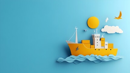 Leinwandbilder - Stylized Cargo Ship Transporting Containers in Paper Cut Maritime Shipping