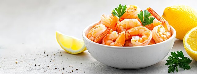 Wall Mural -  A white bowl, brimming with shrimp, sits next to lemon wedges on a pristine white table Atop the table, an individual lemon wedge waits