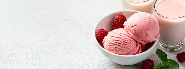 Canvas Print -  A white table bears a scoop of raspberry ice cream, two glasses of milk, and a handful of strawberries