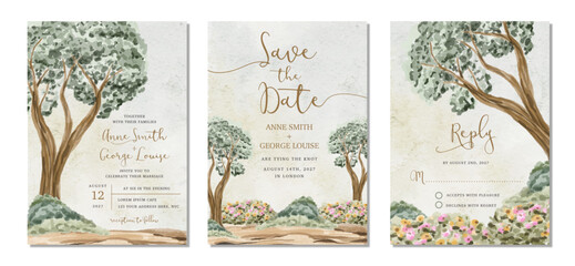 Poster - wedding invitation set with tree and floral garden landscape