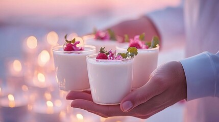 Poster -   Close-up of a person holding a small cup filled with liquid and topped with strawberries