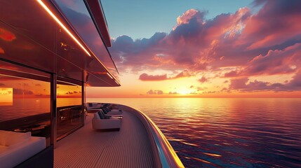 Wall Mural - Luxury Yacht Deck at Sunset with Golden Hour Sky