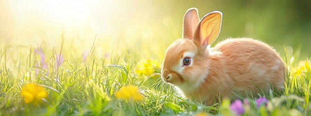 Wall Mural -  A small rabbit in a grassy field basks in the sun's glow, surrounded by wildflowers