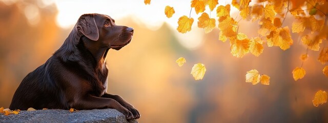 Wall Mural -  A brown dog sits atop a rock, near a tree with yellow leaves suspended from its branches