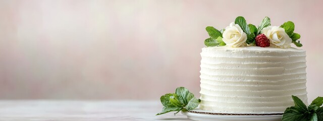  A white cake sits atop a pristine white plate Nearby, a green, leafy plant adorns the table