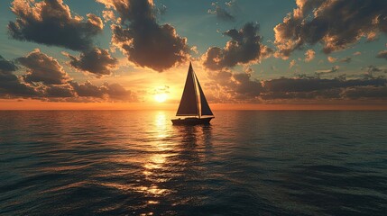 Poster - Sailboat Navigating through a Dramatic Sunset Over the Ocean