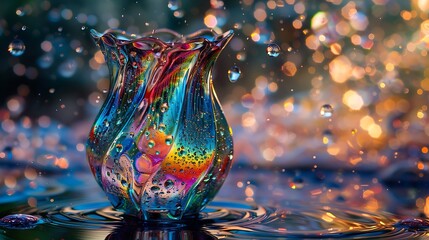 Wall Mural - Close-up shot of a colorful glass vase with water drops on it. The vase is iridescent and has a unique shape. The background is blurred and bokeh.