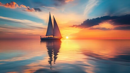 Wall Mural - Sailboat at Sunset with a Colorful Sky and Water Reflection