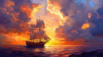 Wall Mural - A Single Sailboat Navigates the Ocean During Sunset