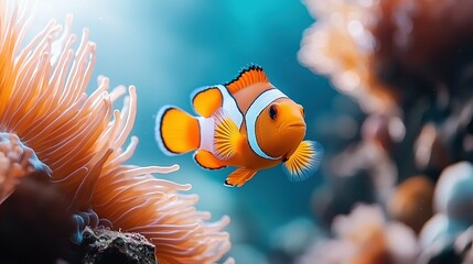   An orange and white clownfish swim in an aquarium with a vibrant orange and white sea anemone in the foreground