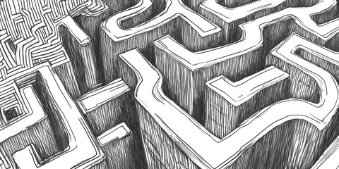 Abstract line art illustration of a maze labyrinth featuring entry and exit points