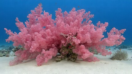 Wall Mural -   A stunning image of a variety of vibrant pink corals resting on the ocean floor beneath a clear blue sky