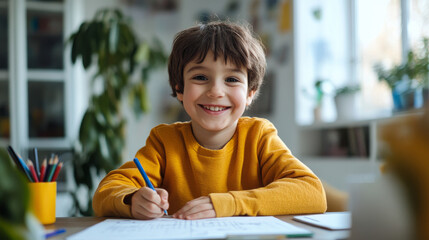 Portrait of a young caucasian boy kid sitting at the dining table doing homework, math problems with a smile