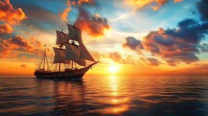 Wall Mural - Sailboat Sailing on the Ocean at Sunset