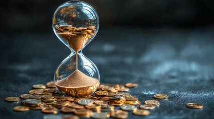 An hourglass filled with sand made of coins, with the lower half nearly empty, symbolizing the draining effects of an economic recession