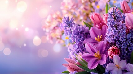   A purple and pink flower arrangement on a blue and pink backdrop with a blurry boke of light