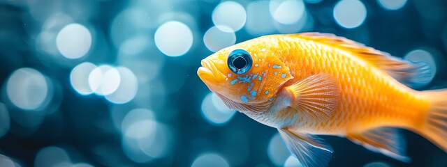  A goldfish with a blue and white marking on its face, set against a blurred background