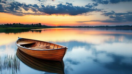 Poster - Wooden Rowboat on a Calm Lake at Sunset