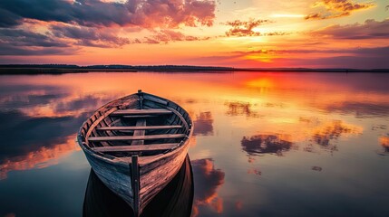 Poster - A Small Wooden Boat Anchored on a Calm Lake at Sunset