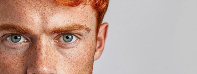 Wall Mural -  A man with numerous freckles dotting his face gazes intently into the camera