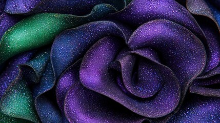 Wall Mural -   A close-up view of a purple and green rose with droplets of water on its petals