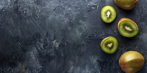 Wall Mural - Kiwi fruits and slices on a blackboard table