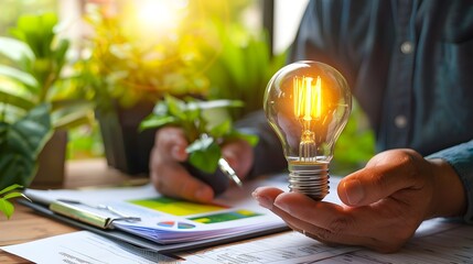 Businessman Holding Lightbulb on Desk with Tax Forms Strategic Planning for Green Growth