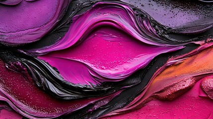 Wall Mural -   A close-up photo of a pink, purple, and black abstract artwork, adorned with droplets of water