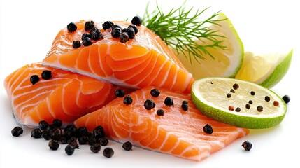 Wall Mural -  Salmon, lime slices, white surface, black pepper