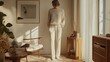 © Alex - Elevate Your Space: A Chic Beige Ribbed-Knit Sweater Styled with White Trousers in a Scandinavian-Inspired Minimalist Home - Perfect as a Poster for Modern Interior Decor!