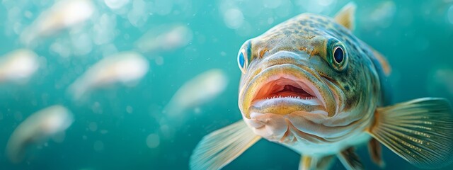 Wall Mural -  A close-up of a fish with its mouth agape, other fish in the background