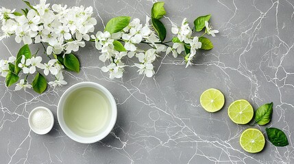 Wall Mural -   A bowl of yogurt sits beside a cup of yogurt with lime slices on a marble surface