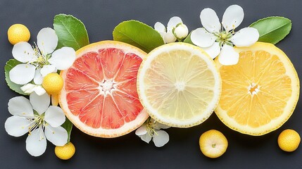 Wall Mural -   A grapefruit, lemon, and orange cut in half on a black surface with white flowers and leaves