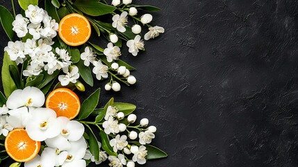 Wall Mural -   A black canvas adorned with vibrant oranges and pristine white blooms, offering space for text insertion or additional imagery