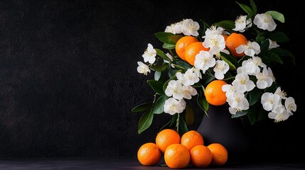 Wall Mural -   A black vase holds a group of orange fruits and white blossoms on a dark table against a black wall backdrop