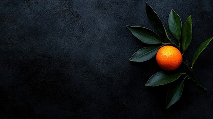 Wall Mural -   Oranges on a leafy branch above a black tablecloth