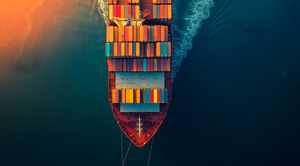 “Aerial View of a Cargo Ship with Containers Loading at a Port, Showcasing Global Shipping, Trade, and Logistics, Ideal for Visual Content Related to International Commerce, Transportation, and Mariti